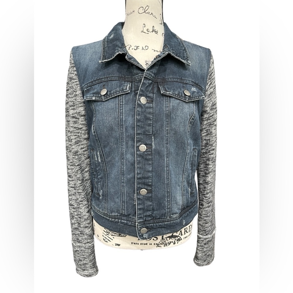 Free People Distressed Jean Jacket Hooded Fabric Sleeves Grunge Layering Size M - Picture 2 of 10
